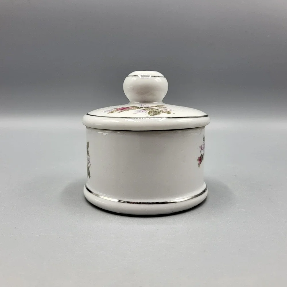 Vintage Porcelain Vanity Trinket Powder Jar Bowl With Lid Pink Rose Silver Trim